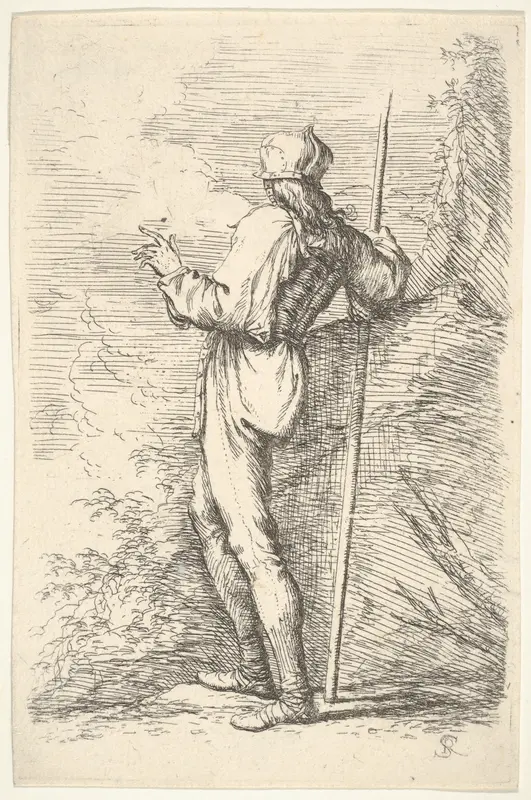 A warrior shown from behind holding a staff and leaning on a rock, from "Figurine" Wall Art by Salvator Rosa - High-Resolution Digital Print