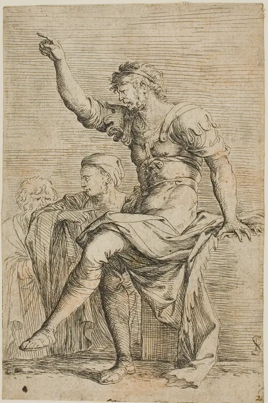 A warrior sits on a block and gestures; two figure are behind him, from Figurine series Wall Art by Salvator Rosa - High-Resolution Digital Print