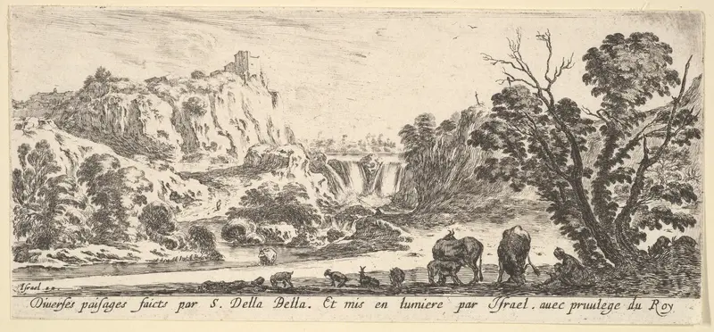 A waterfall descending from the mountains in the center background, various animals and a woman and child beneath a tree in the foreground, from "Various Landscapes" (Divers Paysages) Wall Art by Stefano della Bella - High-Resolution Digital Print