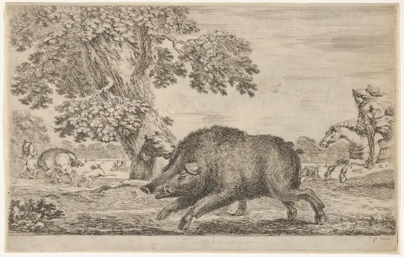 A wild boar running towards the left, a dog biting its ear behind to left, other dogs and horsemen in the background, from "Hunts of various animals" (Chasses à différents animaux) Wall Art by Stefano della Bella - High-Resolution Digital Print