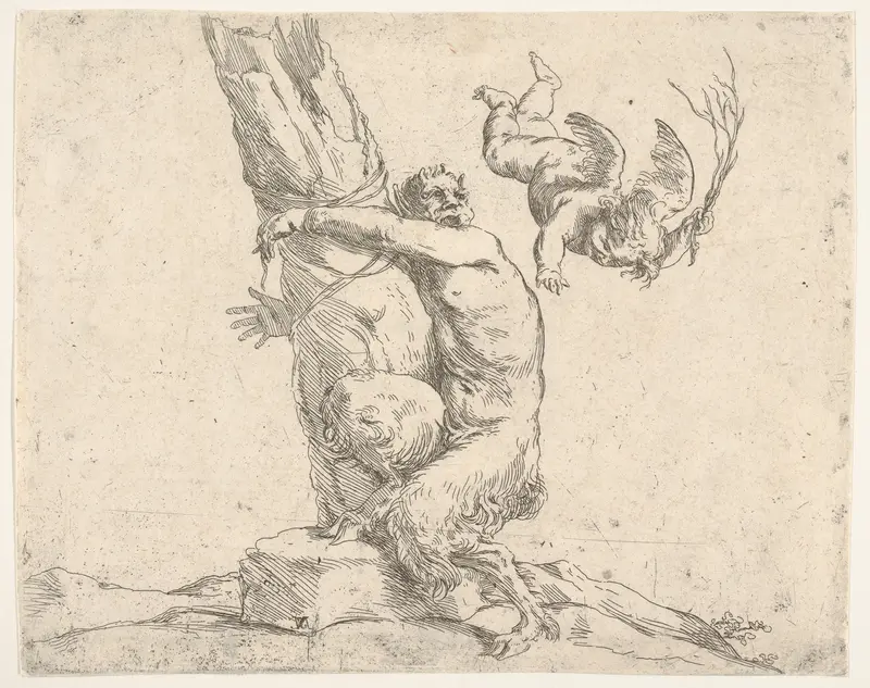 A winged putto flogging a satyr tied to a tree Wall Art by Jusepe de Ribera (called Lo Spagnoletto) - High-Resolution Digital Print