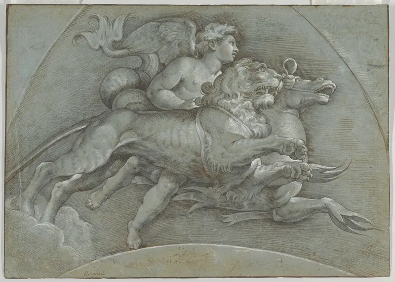 A Winged Putto Riding a Sea Horse and a Lion (recto); The Three Graces (verso) Wall Art by Denijs Calvaert - High-Resolution Digital Print