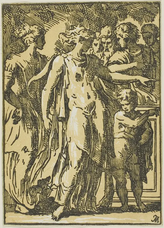 A Woman, a Child, and Figures around a Pedestal