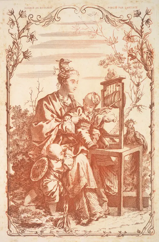 A Woman and Children Playing with a Chinese Gong Wall Art by François Boucher - High-Resolution Digital Print