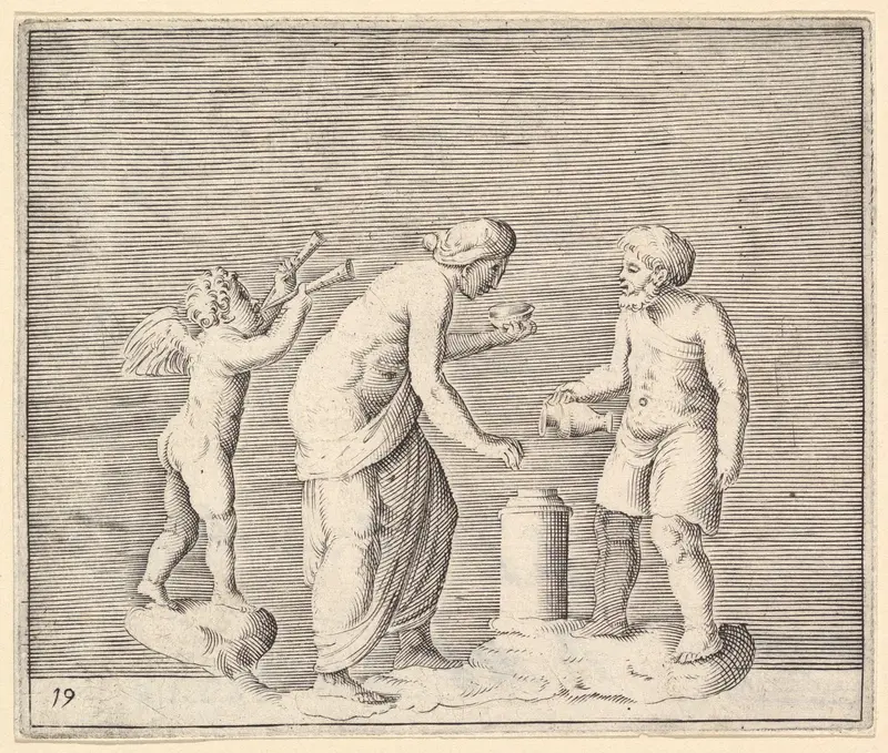 A Woman and Man Sacrificing in the Presence of Cupid, from "Ex Antiquis Cameorum et Gemmae Delineata/ Liber Secundus/et ab Enea Vico Parmen Incis" Wall Art by Anonymous, Italian, 16th century - High-Resolution Digital Print