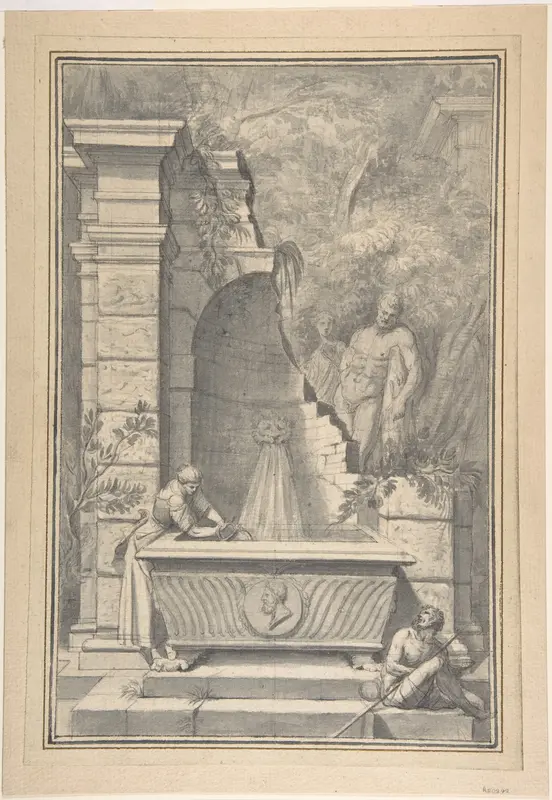 A Woman at a Fountain by a Ruined Temple, the Farnese Hercules in the Background Wall Art by Johannes Antiquus - High-Resolution Digital Print