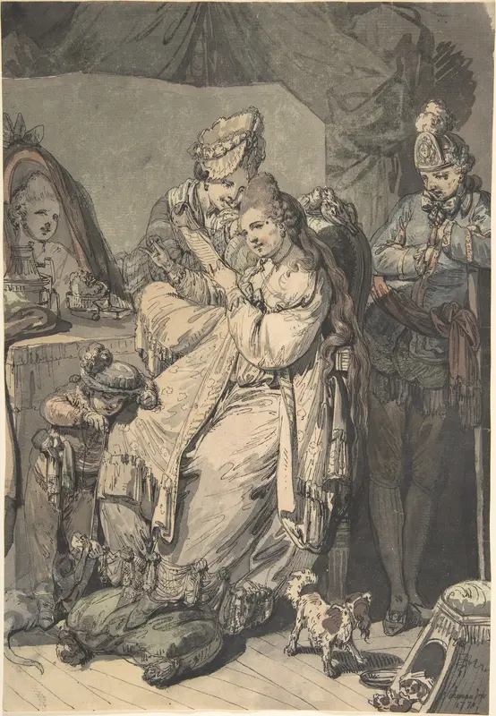 A Woman at her Toilet with a Maid, a Boy, a Dog and a Young Soldier; verso: A Sketch for a Similar Composition Wall Art by Johann Eleazar Zeissig, called Schenau - High-Resolution Digital Print