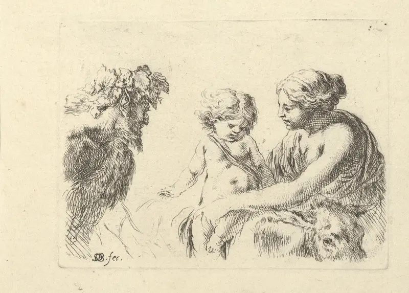 A woman at right holding her child who is sitting atop a donkey, a satyr at left looking towards the right, plate 6 from "Various figures and doodles" (Diverses figures et griffonnemens) Wall Art by Stefano della Bella - High-Resolution Digital Print