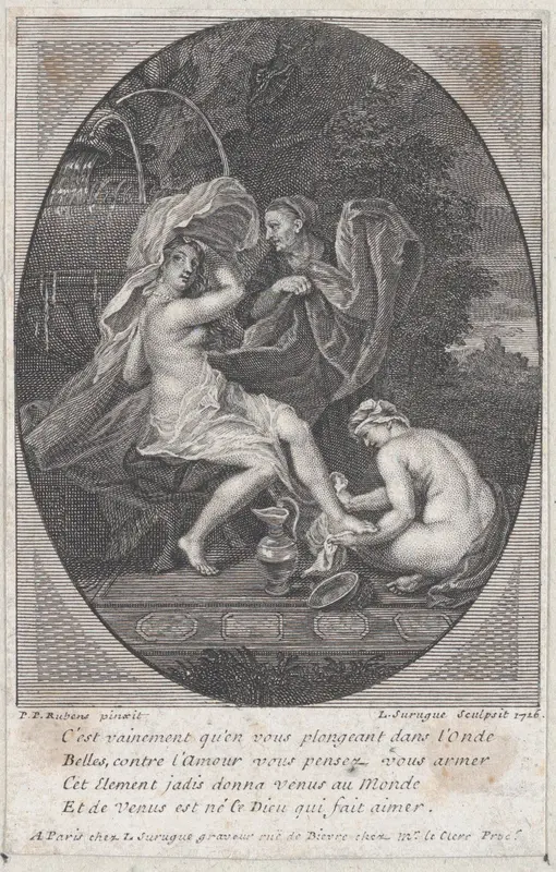 A woman at the bath, another woman washing her right foot and an old woman behind her holding her clothes Wall Art by Louis Surugue - High-Resolution Digital Print