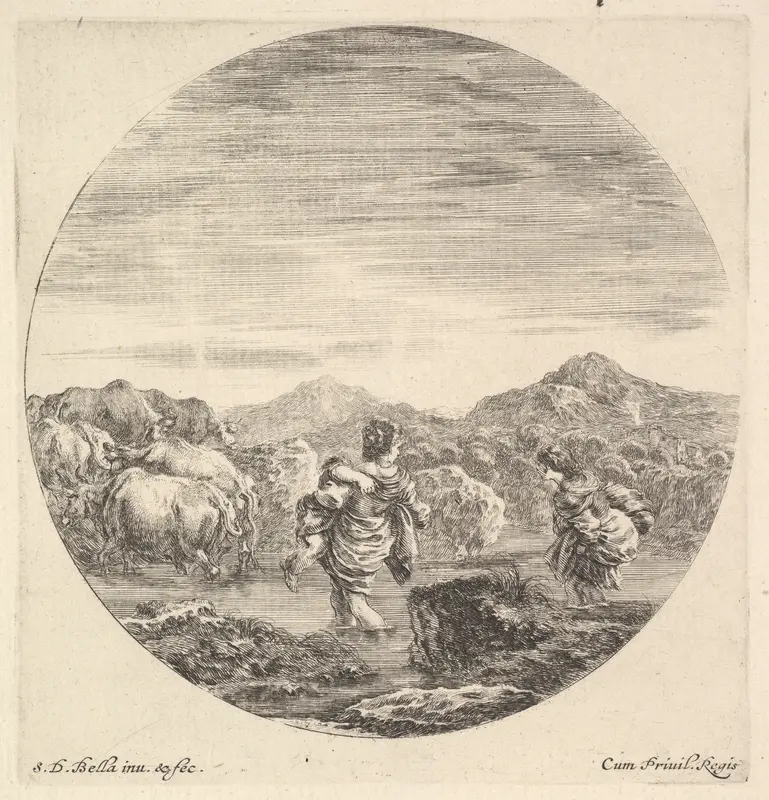A woman carrying a child in center, seen from behind, another woman to right, facing left, following a group of cows across a river, from "Six Animal Subjects" (Six Sujets d'Animaux) Wall Art by Stefano della Bella - High-Resolution Digital Print