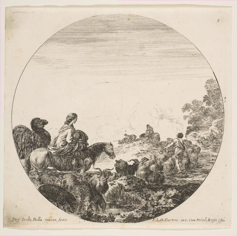 A woman carrying a child on a horse at left, a camel following her, a herd of goats, sheep, and a shepherd in front of her at right, plate 5 from "Roman landscapes and ruins" (Paysages et ruines de Rome) Wall Art by Stefano della Bella - High-Resolution Digital Print
