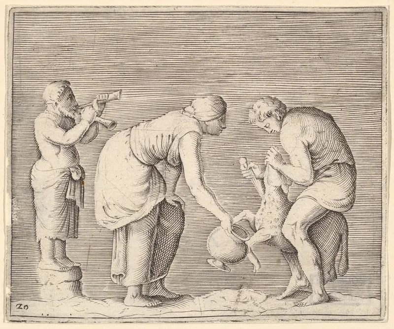 A Woman Collecting Blood from a Sheep, from "Ex Antiquis Cameorum et Gemmae Delineata/ Liber Secundus/et ab Enea Vico Parmen Incis" Wall Art by Anonymous, Italian, 16th century - High-Resolution Digital Print