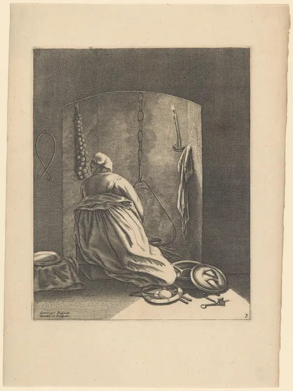 A Woman Cooking, Plate 3 from "Five Feminine Occupations" Wall Art by Geertruydt Roghman - High-Resolution Digital Print