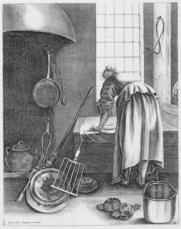 A Woman Doing Housework, Plate 5 from "Five Feminine Occupations" Wall Art by Geertruydt Roghman - High-Resolution Digital Print