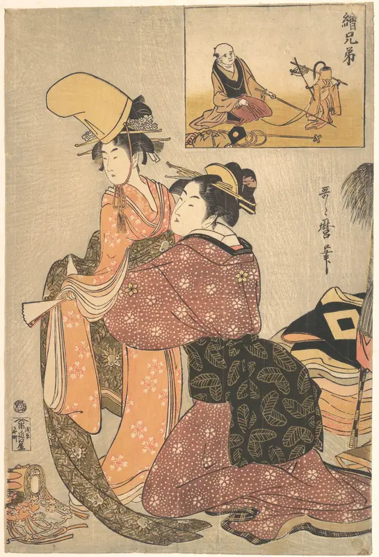 A Woman Dressing a Girl for a the Kabuki Dance “Musume Dojōji,” with “Brother Picture” (E-kyōdai) of a Monkey Trainer