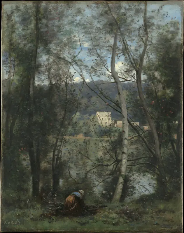 A Woman Gathering Faggots at Ville-d'Avray Wall Art by Camille Corot - High-Resolution Digital Print