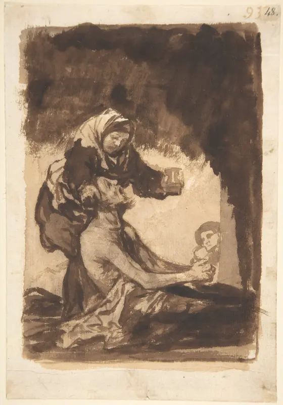 A woman giving a mug to an old man; folio 93 from the "Images of Spain" Album (F)