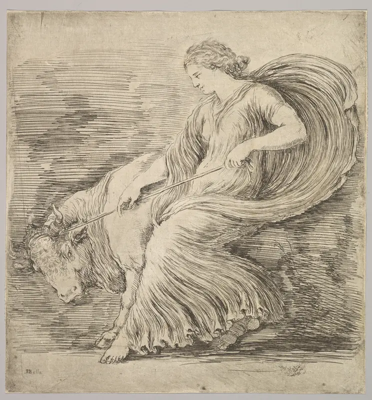 A woman in profile pulling back on a rope tied around the horns of a young bull Wall Art by Stefano della Bella - High-Resolution Digital Print