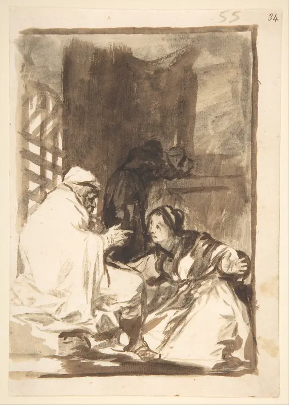A woman kneeling before an old man; page 55 from the "Images of Spain" Album (F)