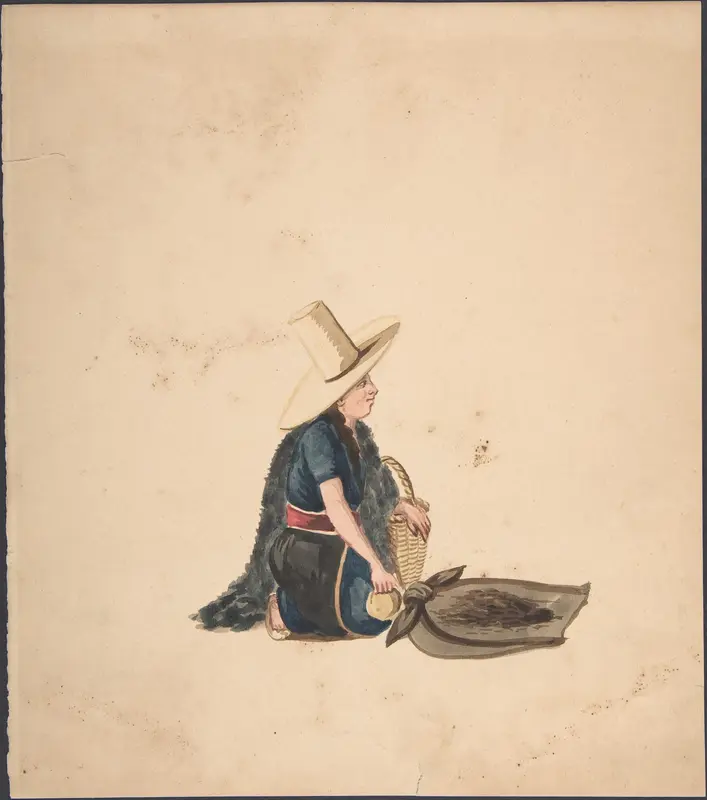 A Woman Kneeling Selling Produce Wall Art by Anonymous, Peruvian, 19th century - High-Resolution Digital Print