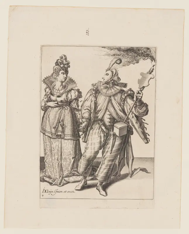 A Woman Led by a Player Holding a Torch, from The Masquerades Wall Art by Jacob de Gheyn, II - High-Resolution Digital Print