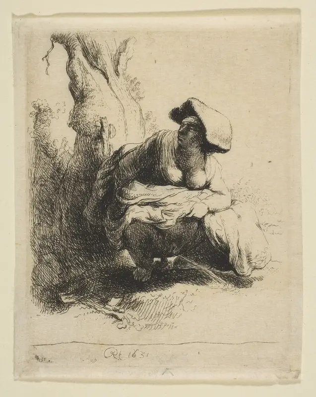 A Woman Making Water Wall Art by Rembrandt (Rembrandt van Rijn) - High-Resolution Digital Print