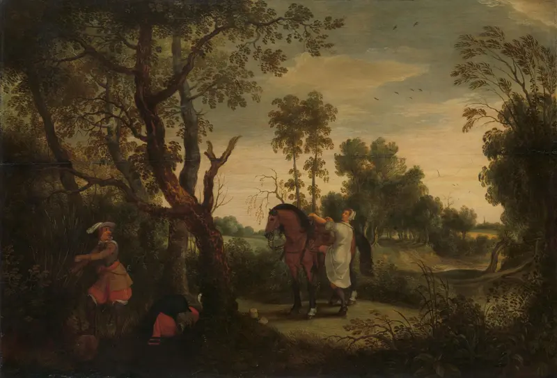 A Woman Mounts her Robber’s Horse: ‘De Gestrafte Rover’ Wall Art by Sebastiaen Vrancx - High-Resolution Digital Print