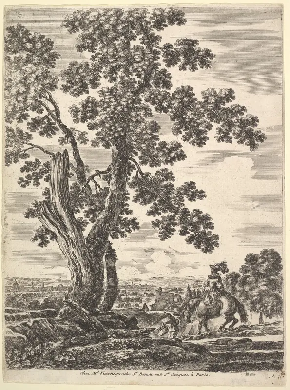 A woman on horseback descending a hill, a large tree to the left, landscape of Florence in the background, from "Four large landscapes" (Quatre grands paysages en hauteur) Wall Art by Stefano della Bella - High-Resolution Digital Print