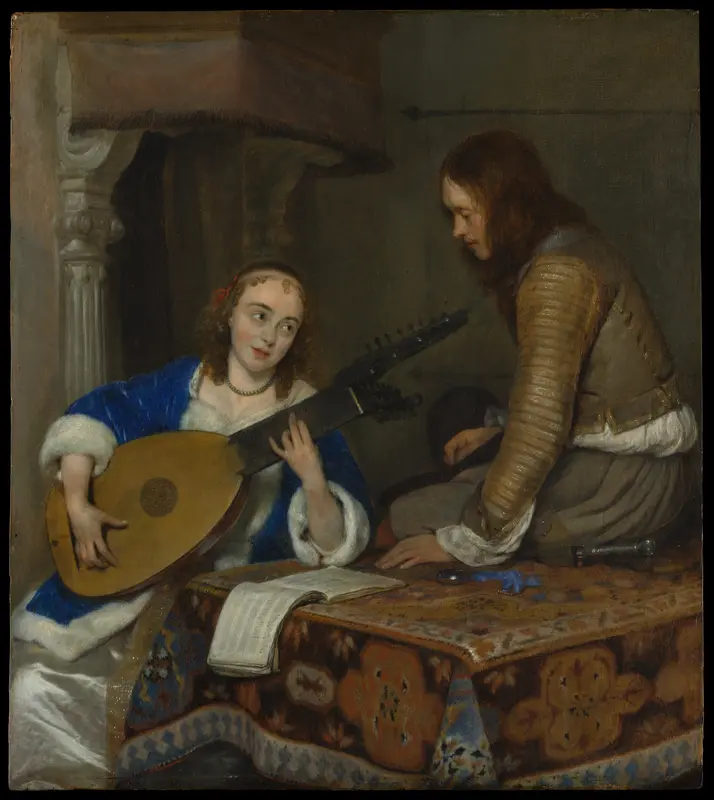 A Woman Playing the Theorbo-Lute and a Cavalier Wall Art by Gerard ter Borch the Younger - High-Resolution Digital Print