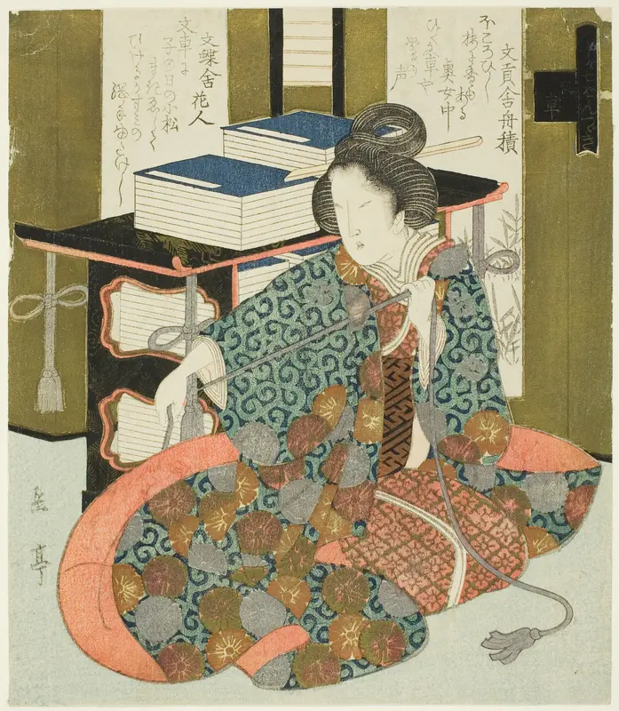 A Woman Pulling the Cord of a Wheeled Book Case, from the series "A Set of Seven for the Katsushika Club"