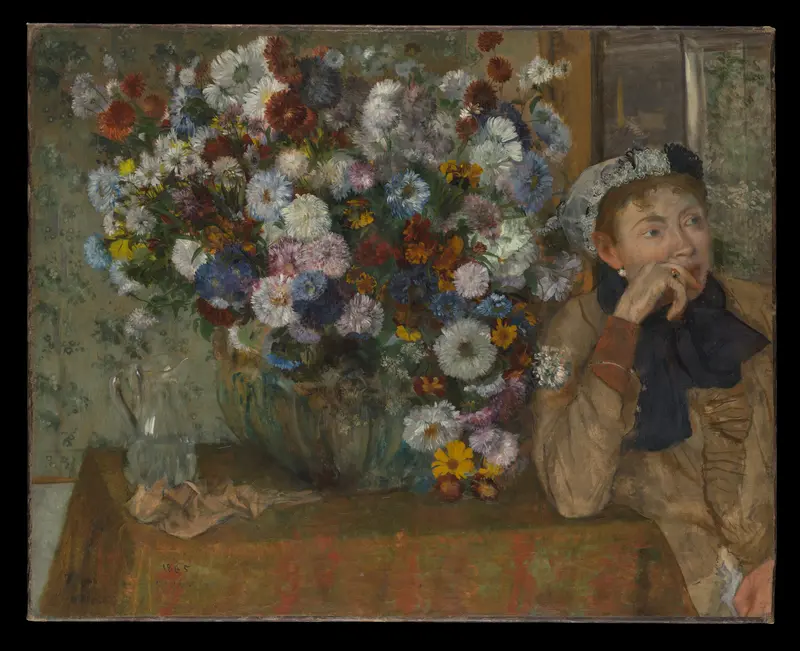 A Woman Seated beside a Vase of Flowers (Madame Paul Valpinçon?) Wall Art by Edgar Degas - High-Resolution Digital Print