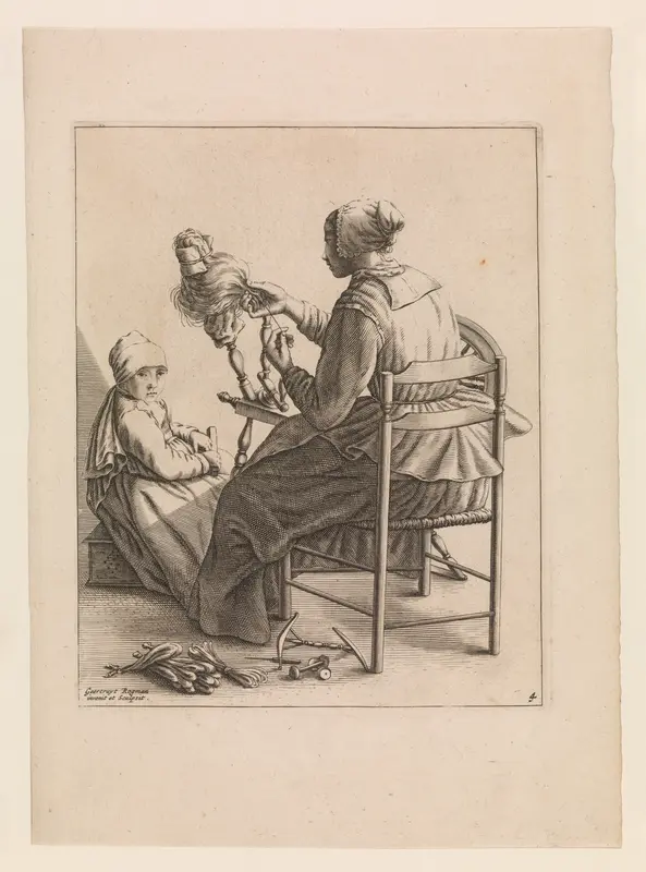 A Woman Spinning, Plate 4 from "Five Feminine Occupations" Wall Art by Geertruydt Roghman - High-Resolution Digital Print