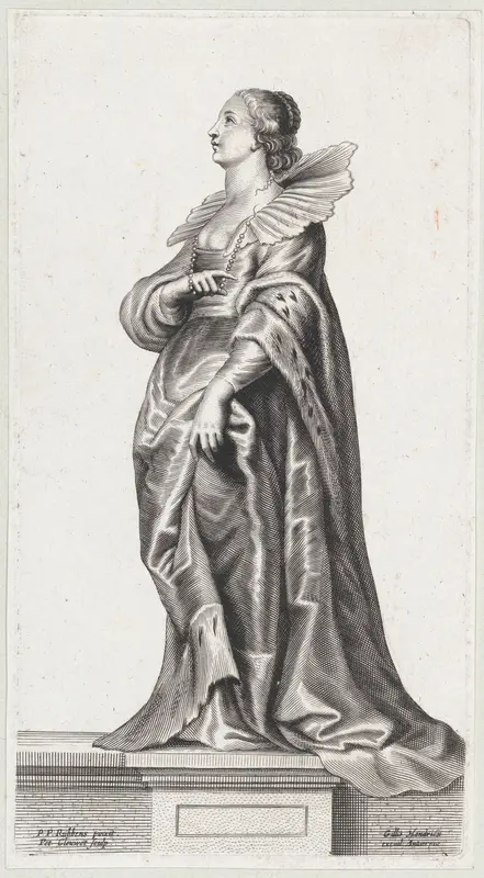 A woman standing on a pedestal, wearing a fur-trimmed coat and ruff Wall Art by Peeter Clouwet - High-Resolution Digital Print