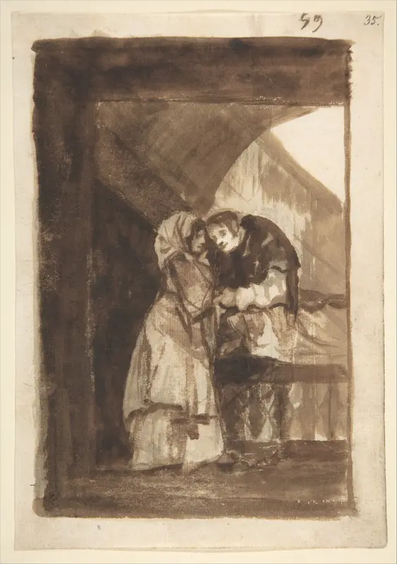 A woman talking to a priest in a covered archway; folio 59 from the "Images of Spain" Album (F)