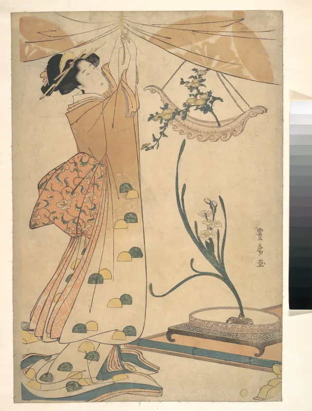 A Woman Tying up a Curtain, a Flower Arrangement of Chrysanthemums in a Boat-shaped Hanging Vase, and Narcissus Arranged in a Flower Vase