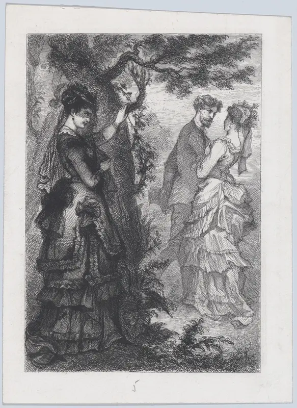 A Woman Watching a Couple from Behind a Tree Wall Art by J. Cariven - High-Resolution Digital Print