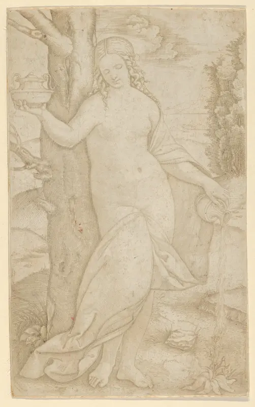 A woman watering a plant, a pot in her raised right hand