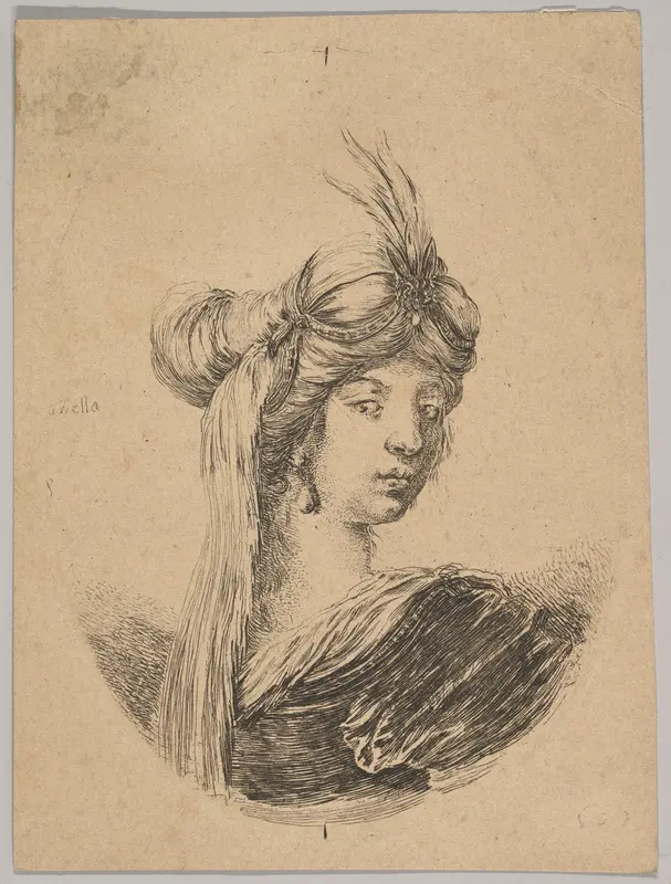 A woman wearing an ornate turban with a veil, seen from behind and turned three-quarters to the right, from "Several heads in the Persian style" (Plusieurs têtes coiffées à la persienne) Wall Art by Stefano della Bella - High-Resolution Digital Print