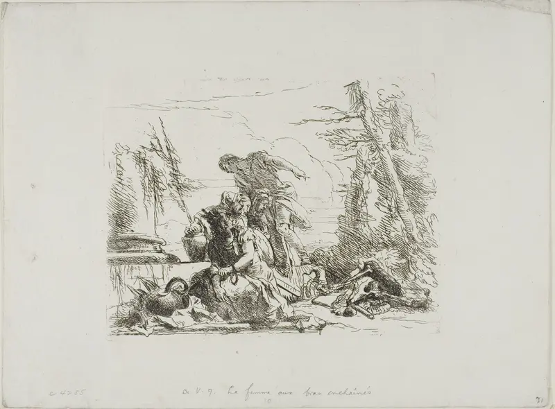 A Woman with her Arms in Chains and Four Other Figures, from Capricci Wall Art by Giovanni Battista Tiepolo - High-Resolution Digital Print
