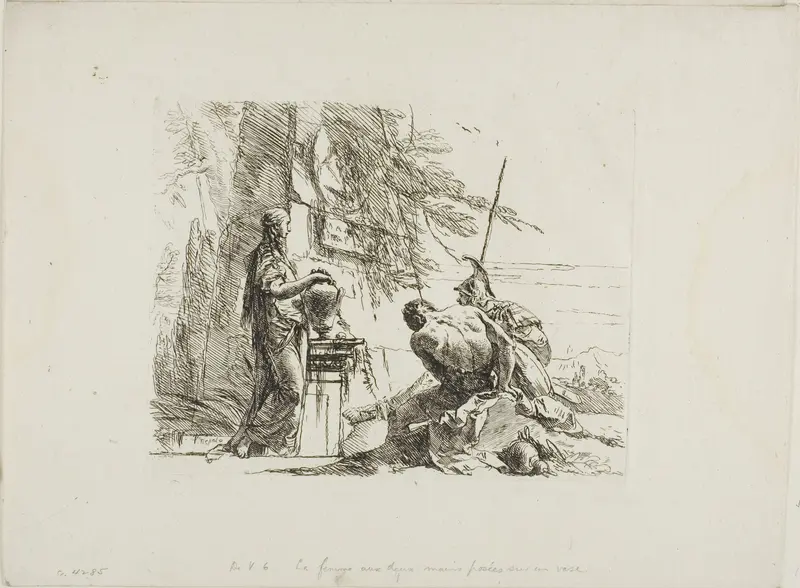 A Woman with her Hands on a Vase, Soldier, and Slave, from Capricci Wall Art by Giovanni Battista Tiepolo - High-Resolution Digital Print