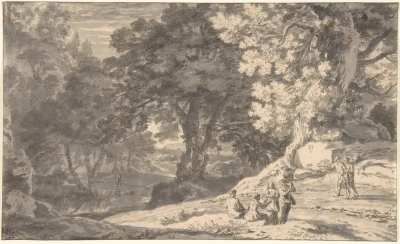 A Wooded Landscape with Travellers by the Roadside, a Stream beyond Wall Art by Herman van Swanevelt - High-Resolution Digital Print
