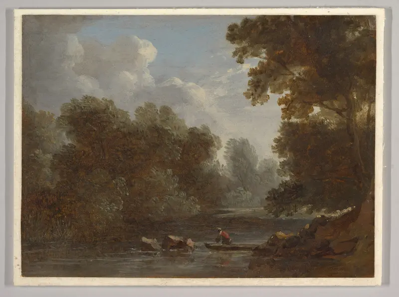 A wooded river landscape with a fisherman in a boat Wall Art by Benjamin Barker, the younger - High-Resolution Digital Print