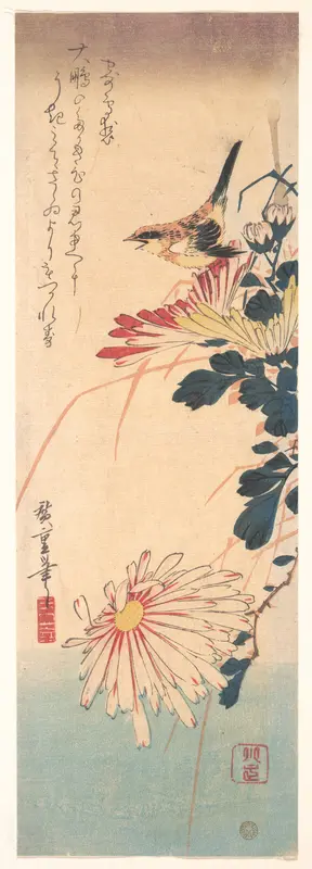 A Wren and Chrysanthemums