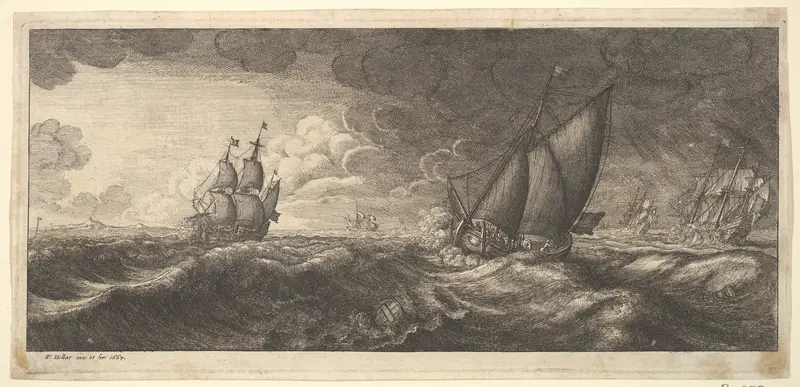 A yacht and three warships in a storm Wall Art by Wenceslaus Hollar - High-Resolution Digital Print