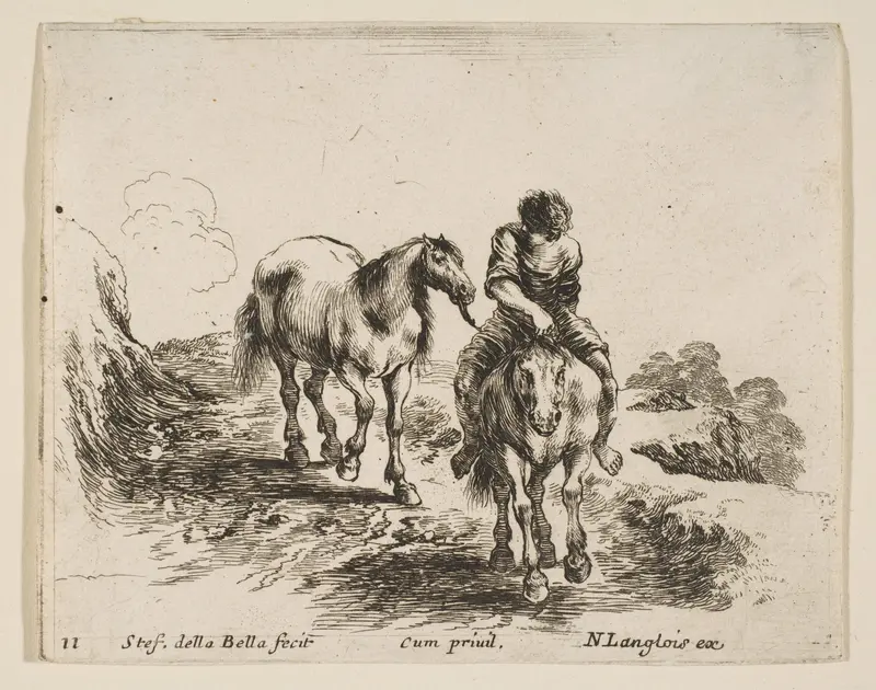 A young horseman, seen from the front, leading another horse, plate 11 from "Diversi capricci" Wall Art by Stefano della Bella - High-Resolution Digital Print