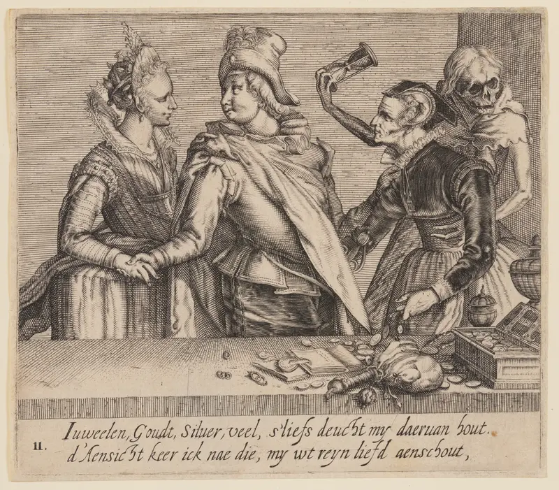 A Young Man between a Young Woman and an Old Woman, from Unequal Lovers Wall Art by Jacob de Gheyn, II - High-Resolution Digital Print