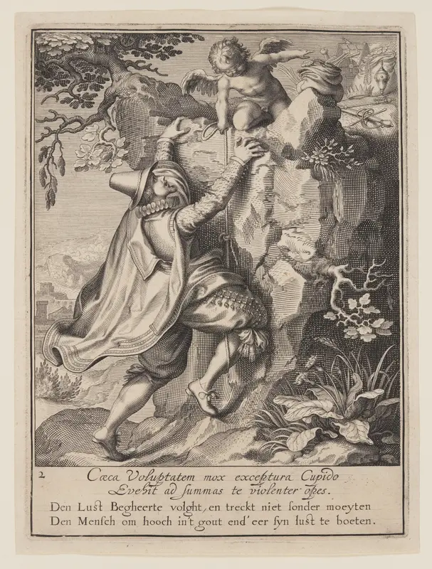 A Young Man Climbing a Hillside Aided by Cupid, from Allegory of the Misuse of Worldly Property Wall Art by Willem van Swanenburgh - High-Resolution Digital Print