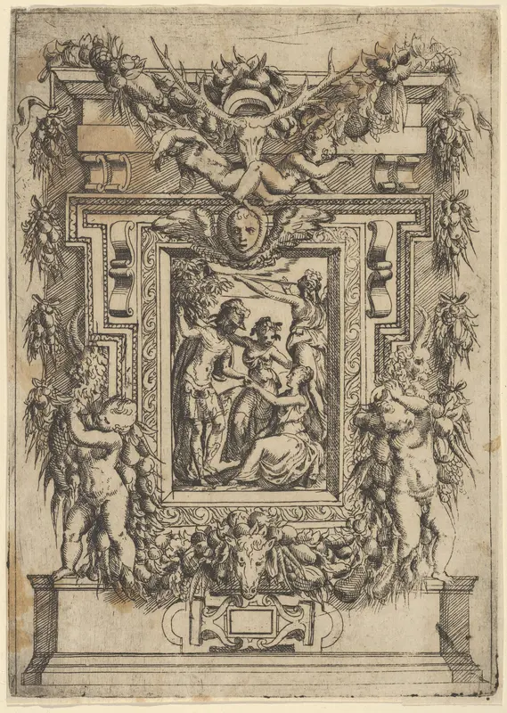 A young man offers his hand to a seated woman, another woman stands between them and a third blows a trumpet behind them, set within an elaborate frame Wall Art by Battista Angolo del Moro - High-Resolution Digital Print
