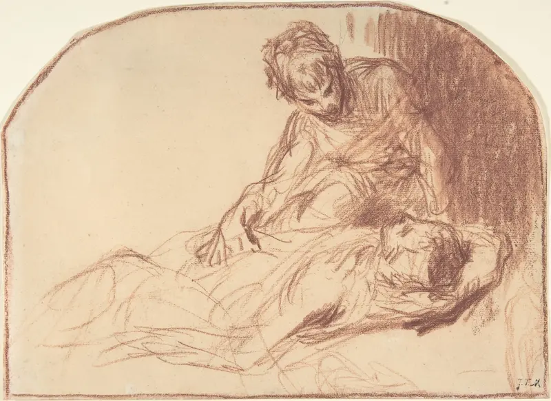 A Young Man Seated, Bent over a Reclining Figure Wall Art by Jean-François Millet - High-Resolution Digital Print