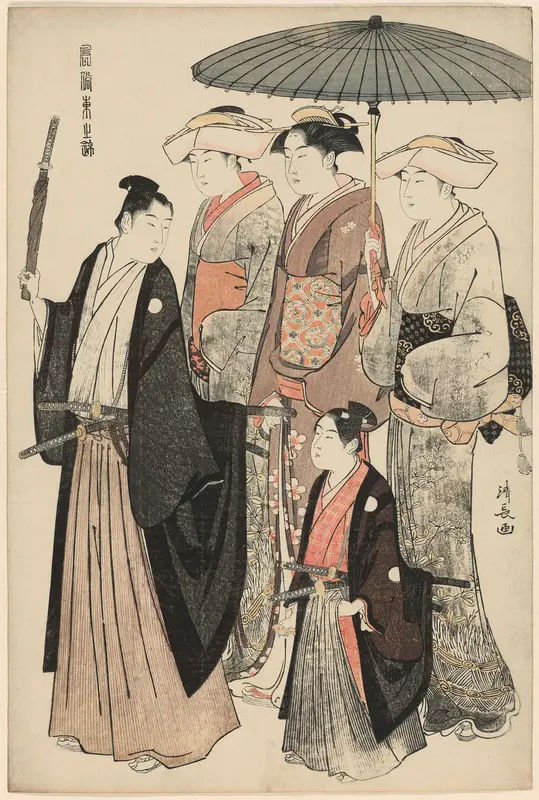 A Young Nobleman, His Mother, and Three Servents, from the series "A Brocade of Eastern Manners (Fuzoku Azuma no nishiki)"